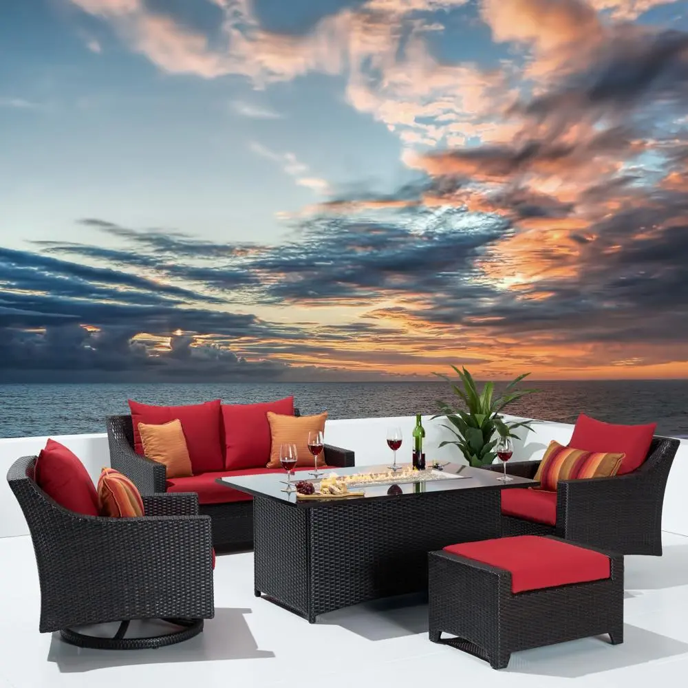 Deco Red 5 Piece Loveseat with Motion Club Chairs and Fire Table Patio Set-1