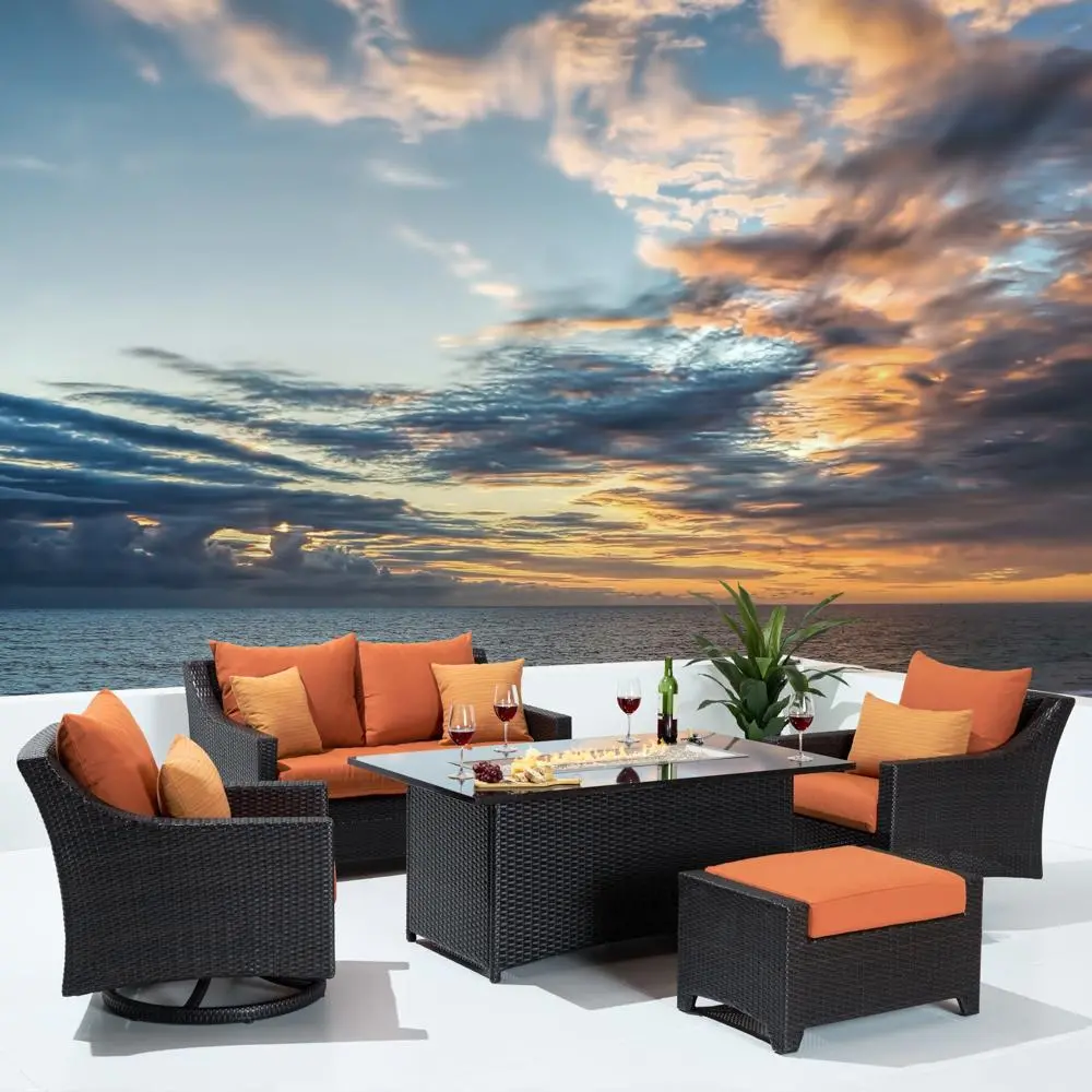 Deco Orange 5 Piece Loveseat with Motion Club Chairs and Fire Table Patio Set-1