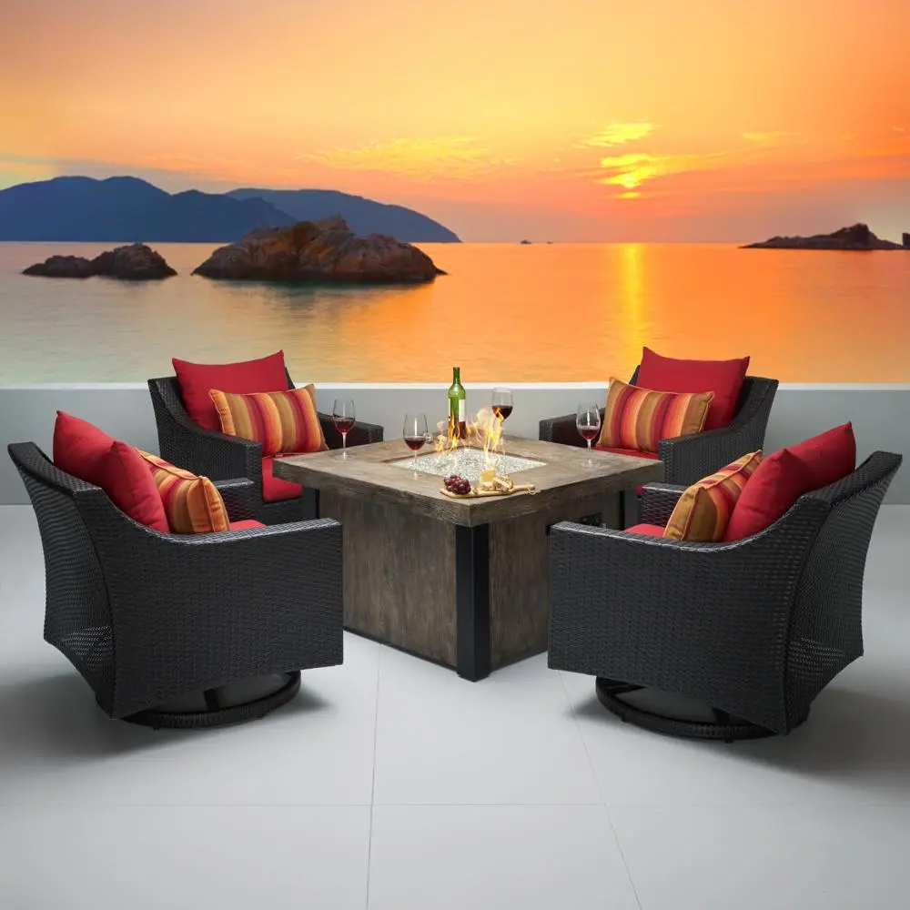 Deco Red 5 Piece Motion Club Chairs with Fire Table Patio Set-1