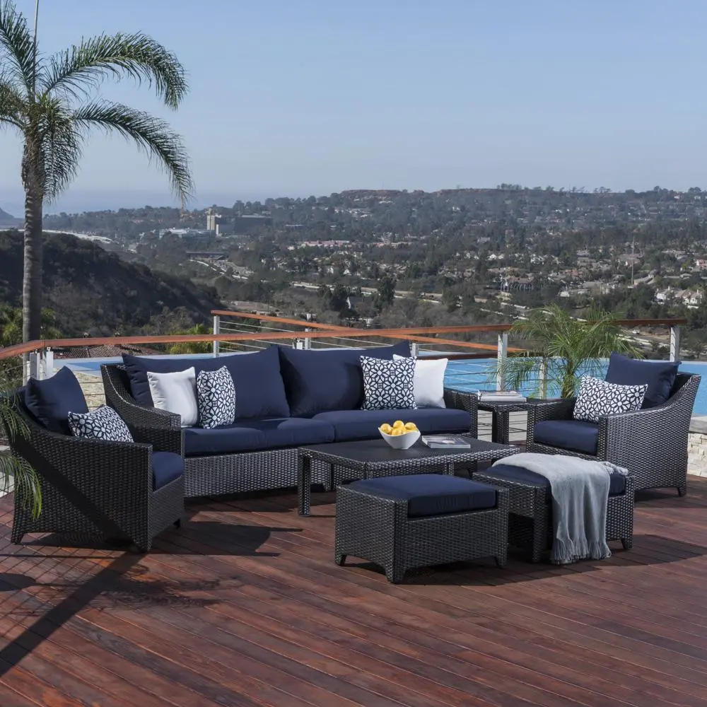 Deco Navy 8 Piece Sofa with Club Chairs and Ottomans Patio Set-1