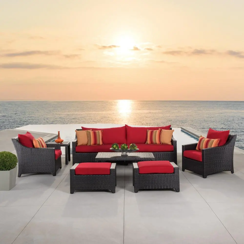 Deco Red 8 Piece Sofa with Club Chairs and Ottomans Patio Set-1