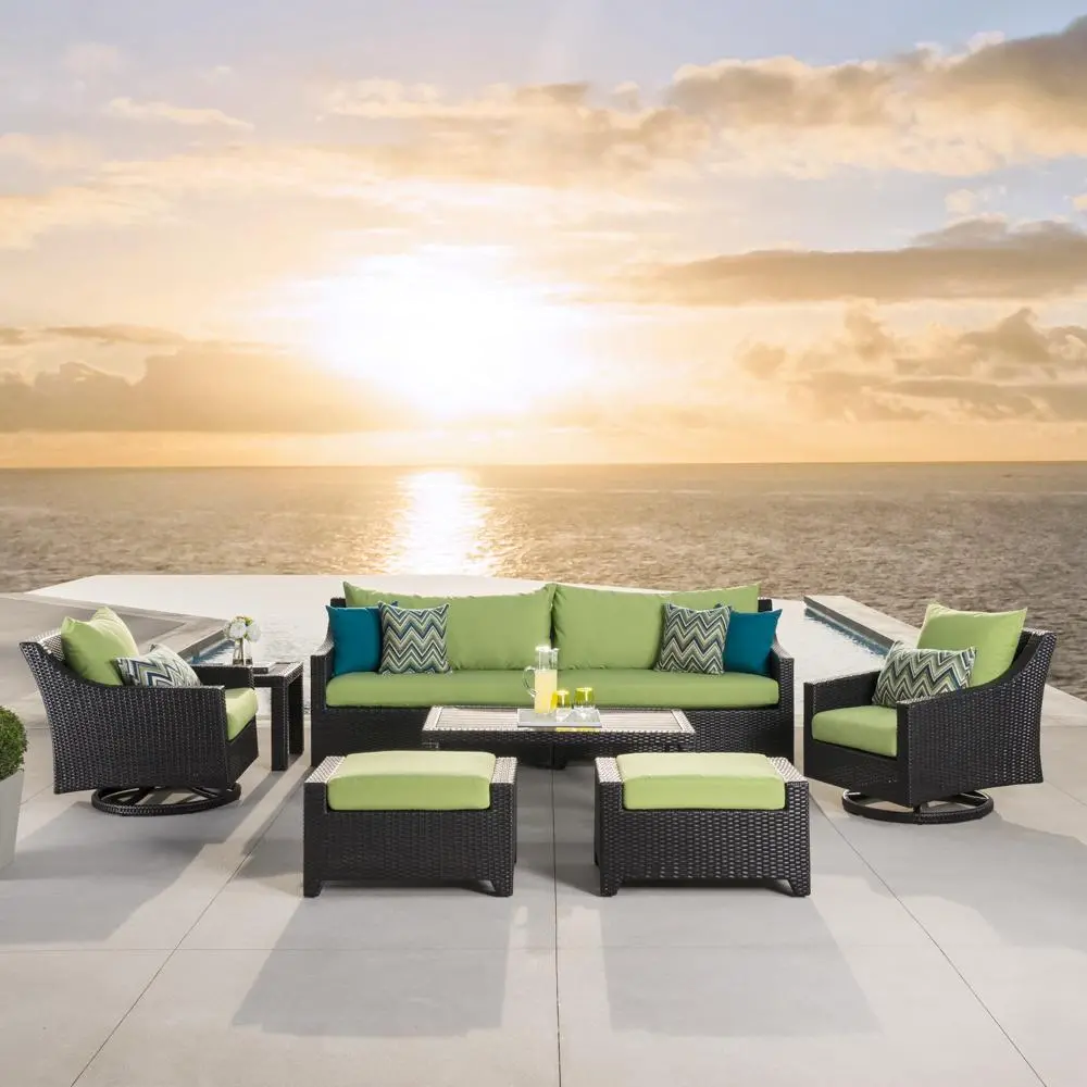 Deco Green 8 Piece Sofa with Motion Club Chairs and Ottomans Patio Set-1