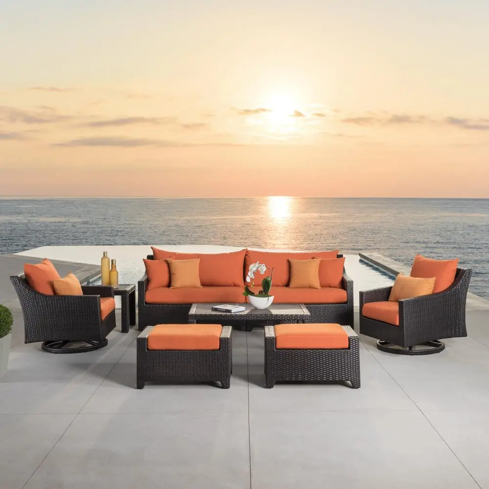 Deco Orange 8 Piece Sofa with Motion Club Chairs and Ottomans Patio Set-1