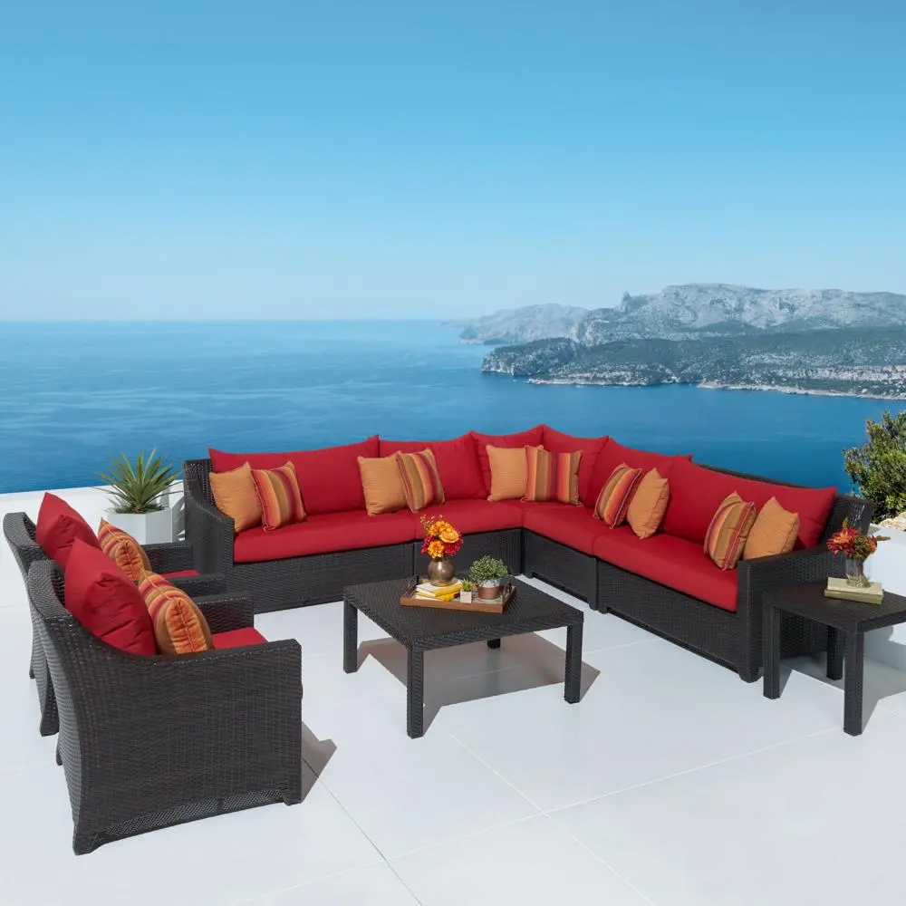 Deco Red 9 Piece Sectional and Club Chairs Patio Set-1