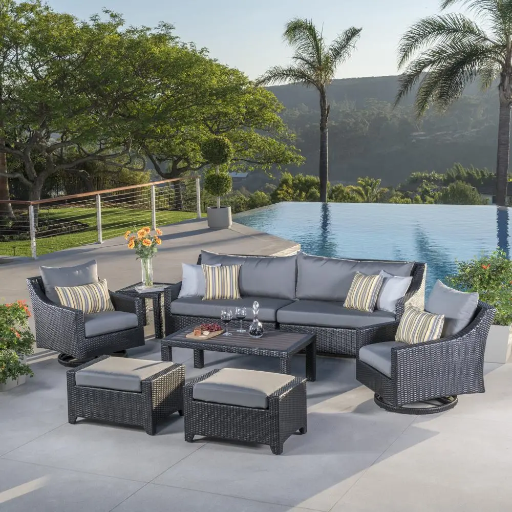Deco Charcoal 8 Piece Sofa with Motion Club Chairs and Ottomans Patio Set-1