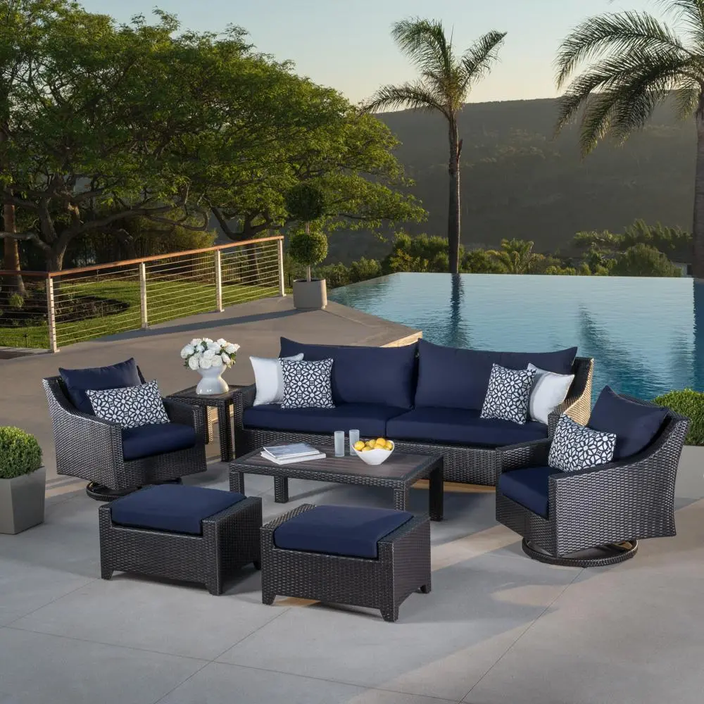 Deco Navy 8 Piece Sofa with Motion Club Chairs and Ottomans Patio Set-1