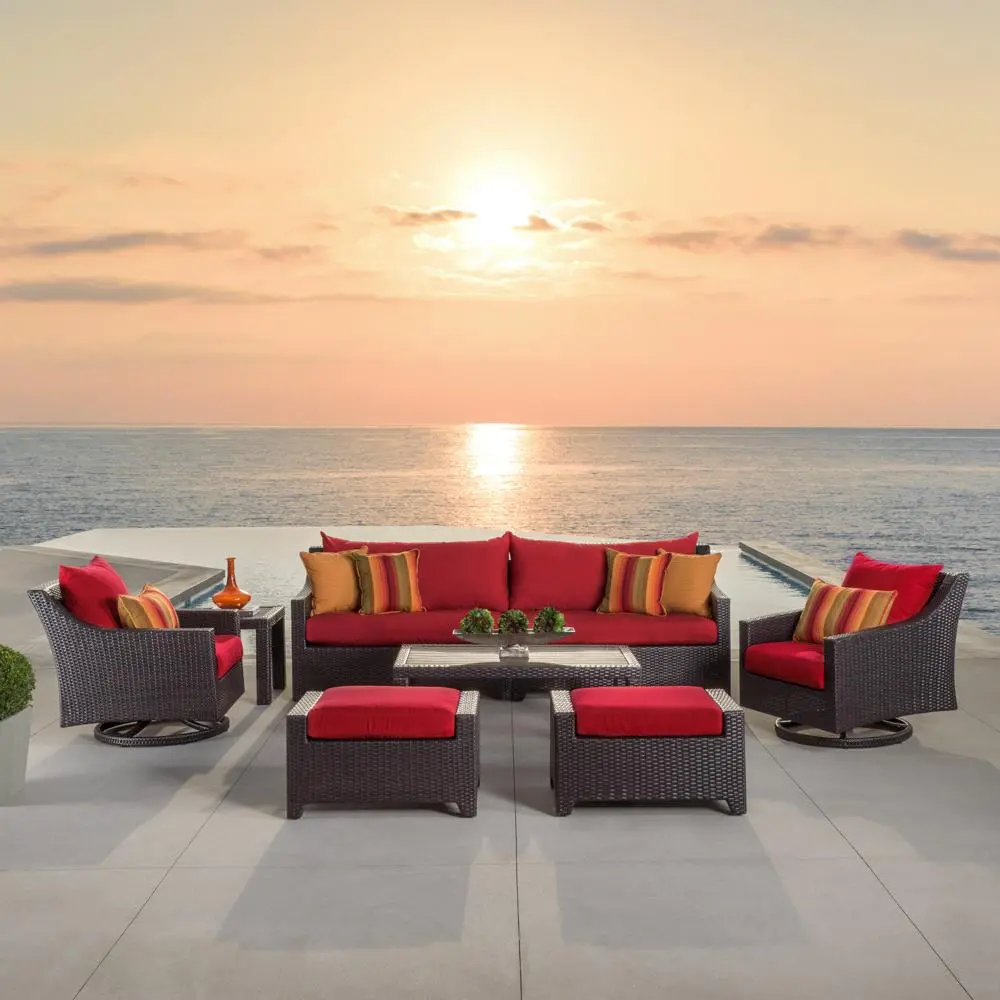 Deco Red 8 Piece Sofa with Motion Club Chairs and Ottomans Patio Set-1