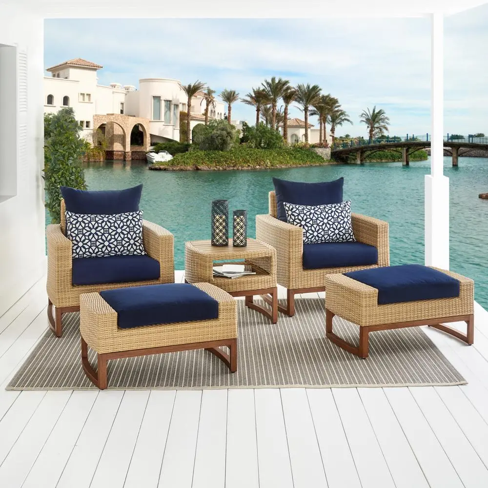 Mili Navy 5 Piece Club Chairs with Ottomans Patio Set-1