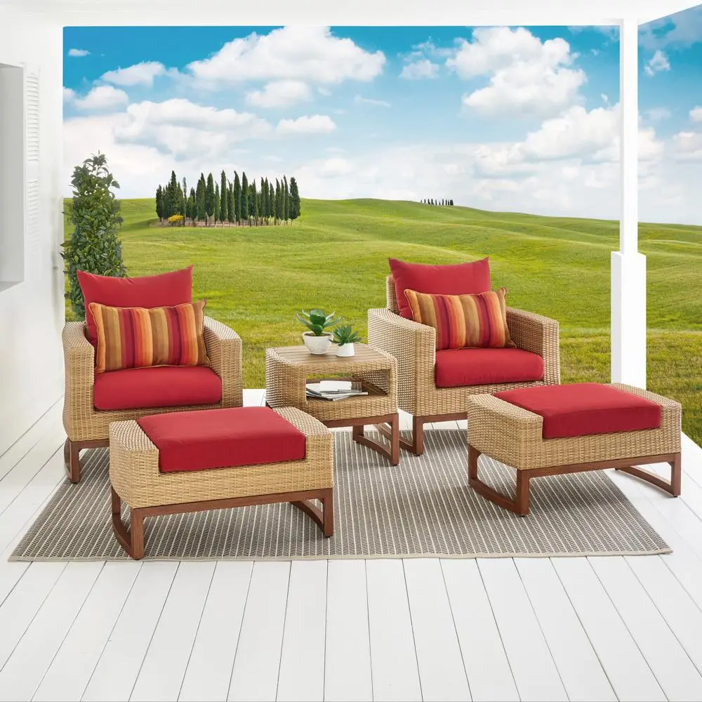 Mili Red 5 Piece Club Chairs with Ottomans Patio Set-1