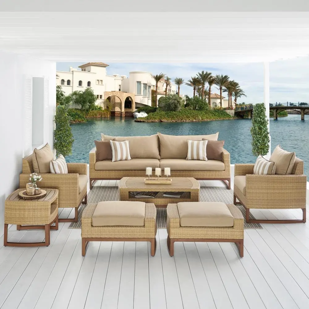 Mili Beige 8 Piece Sofa with Club Chairs and Ottomans Patio Set-1