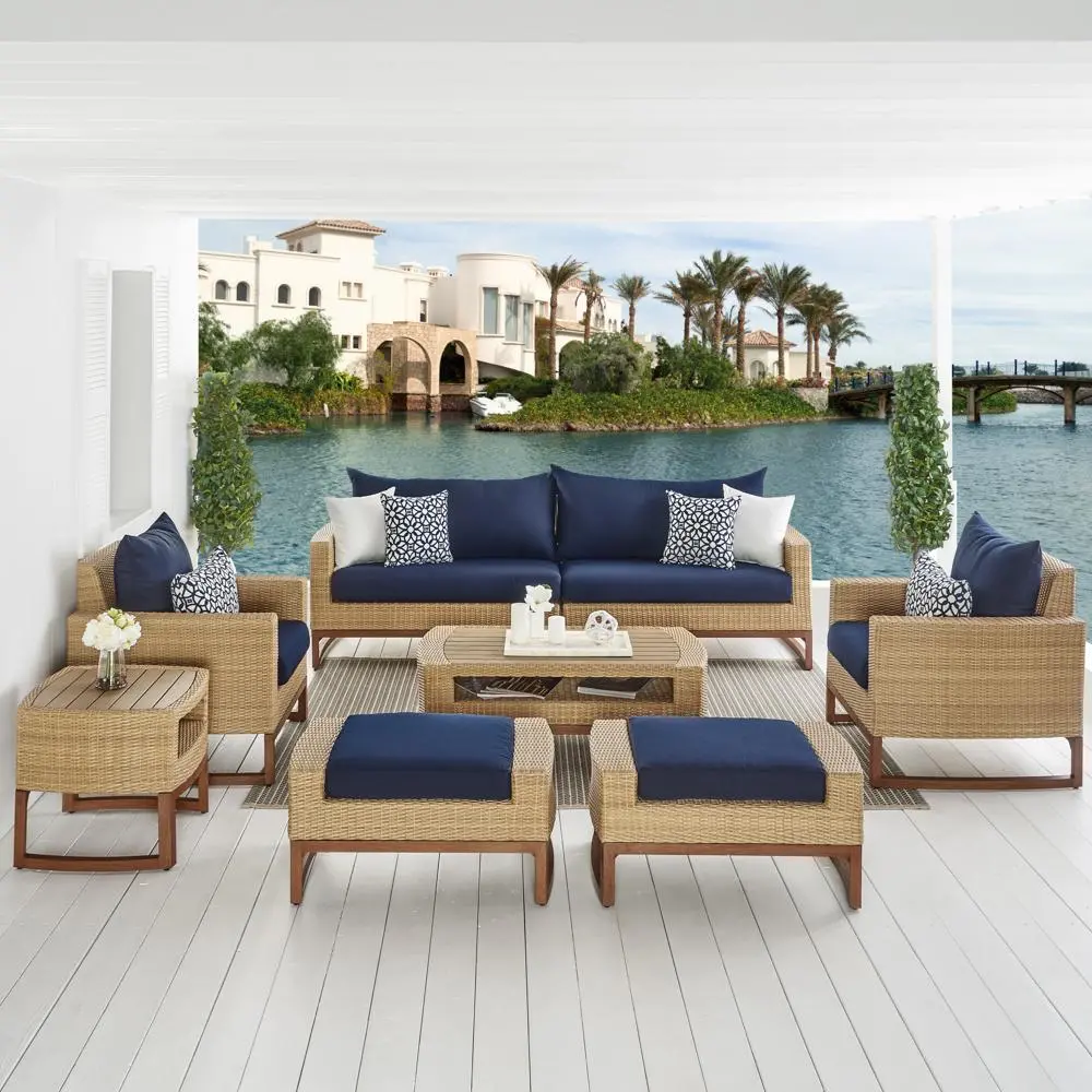 Mili Navy 8 Piece Sofa with Club Chairs and Ottomans Patio Set-1