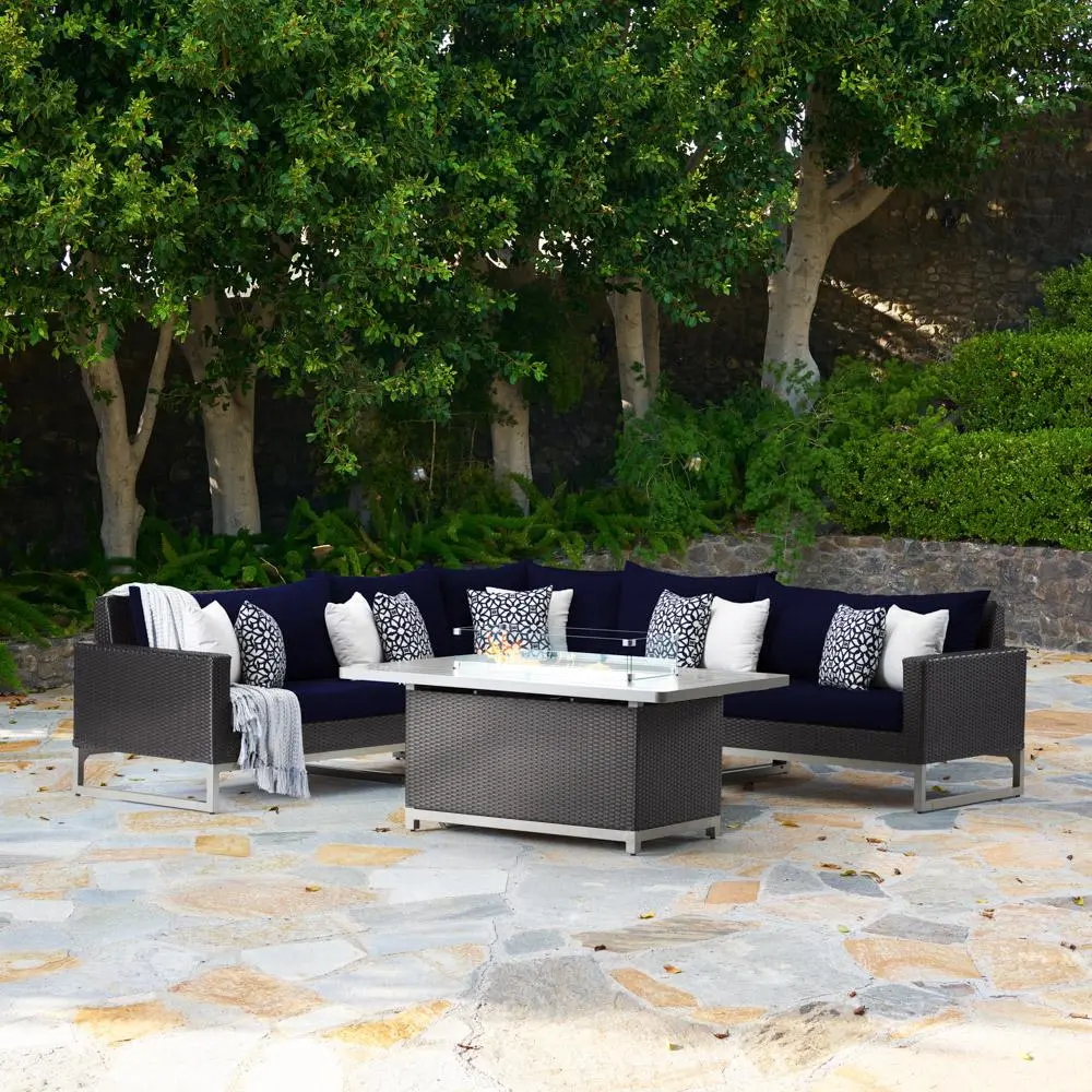 Milo Navy Espresso 6 Piece Sectional with Fire Table Patio Set-1