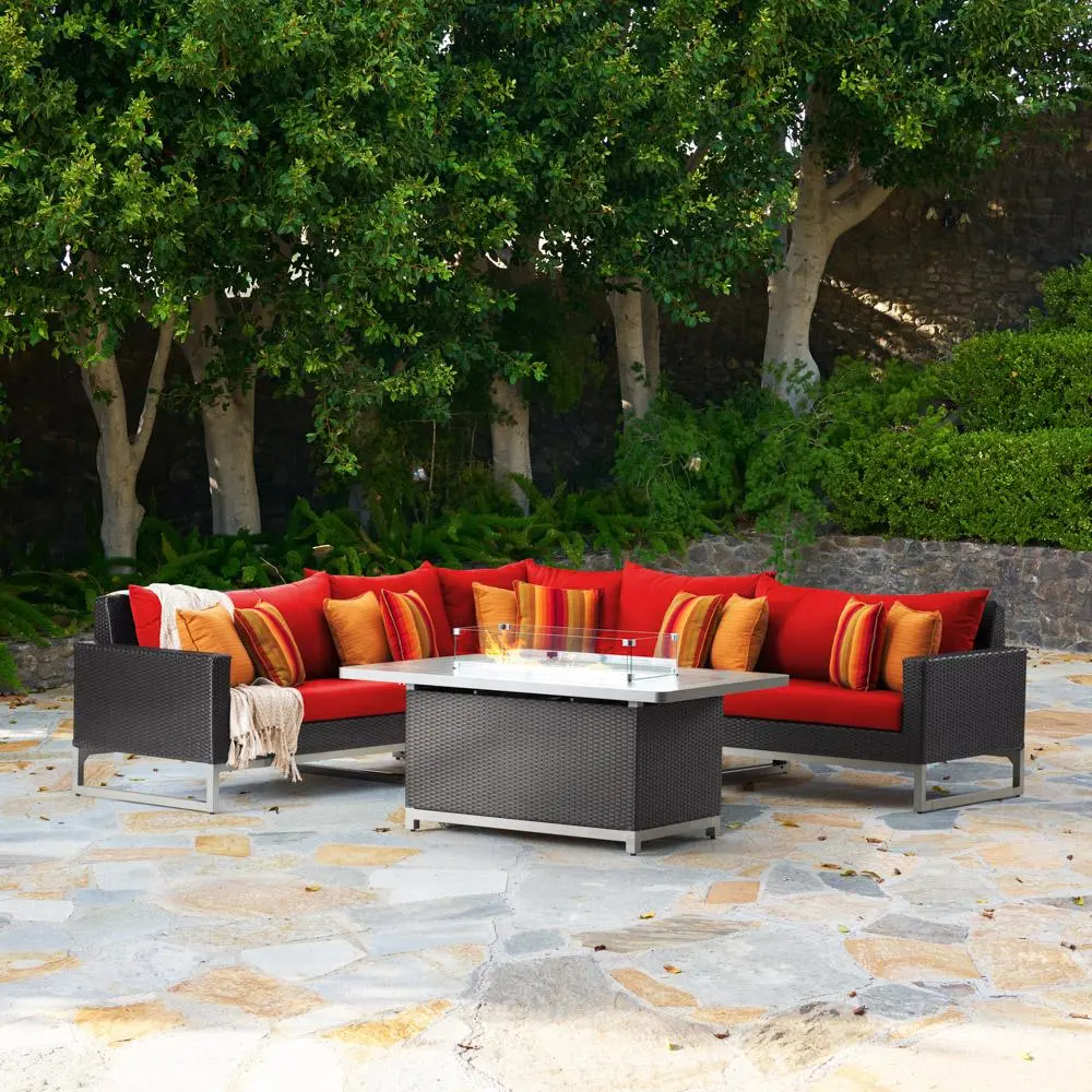 Milo Red Espresso 6 Piece Sectional with Fire Table Patio Set-1