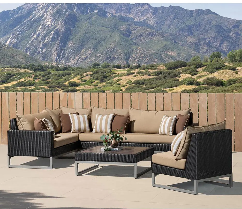 Milo Beige Espresso 6 Piece Sectional and Coffee Table Patio Set-1