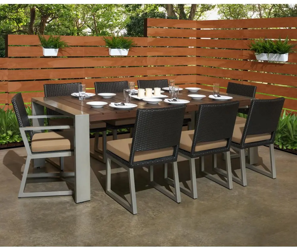 Milo Espresso 9 Piece Outdoor Dining Set with Tan Cushions-1