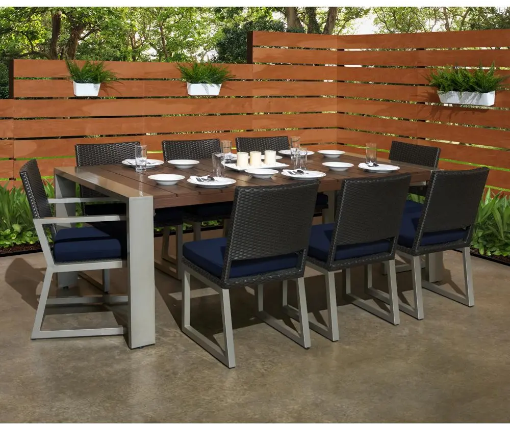 Milo Espresso 9 Piece Outdoor Dining Set with Navy Cushions-1