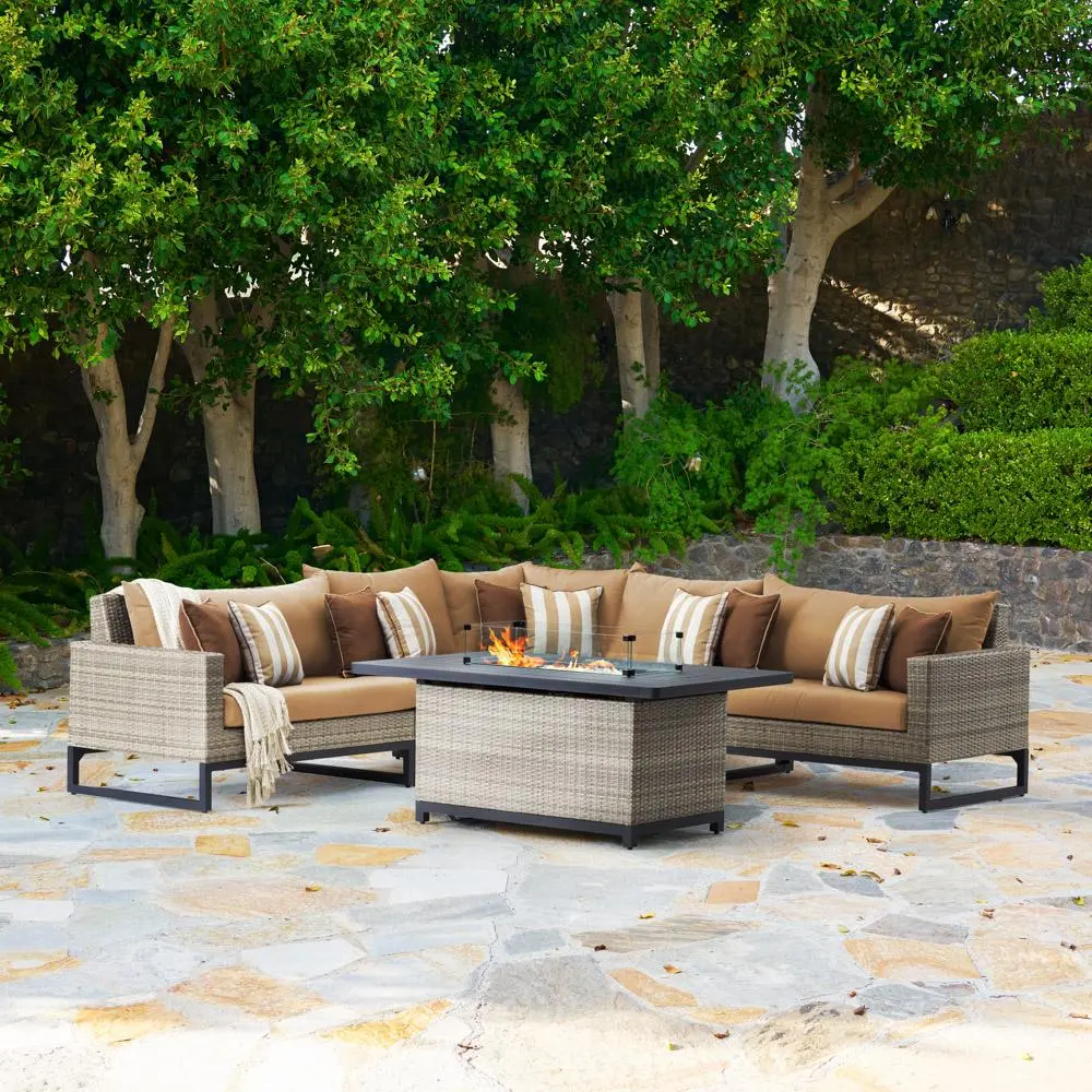 Milo Gray 6 Piece Sectional with Tan Cushions and Fire Pit-1