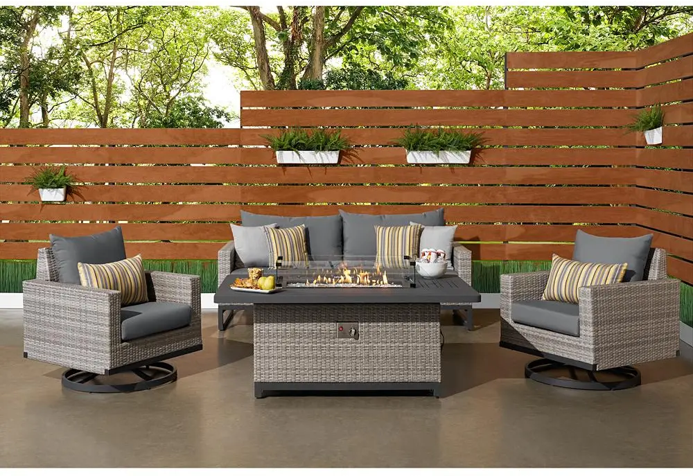 Milo Gray 4 Piece Outdoor Set with Charcoal Cushions and Fire Pit-1