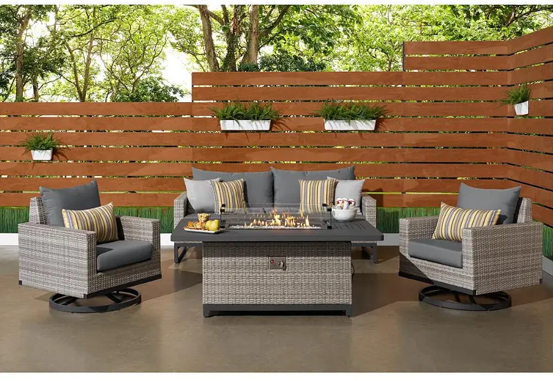 Charcoal Cushions And Fire Pit, 4 Piece Outdoor Wicker Furniture Set With Charcoal Cushions