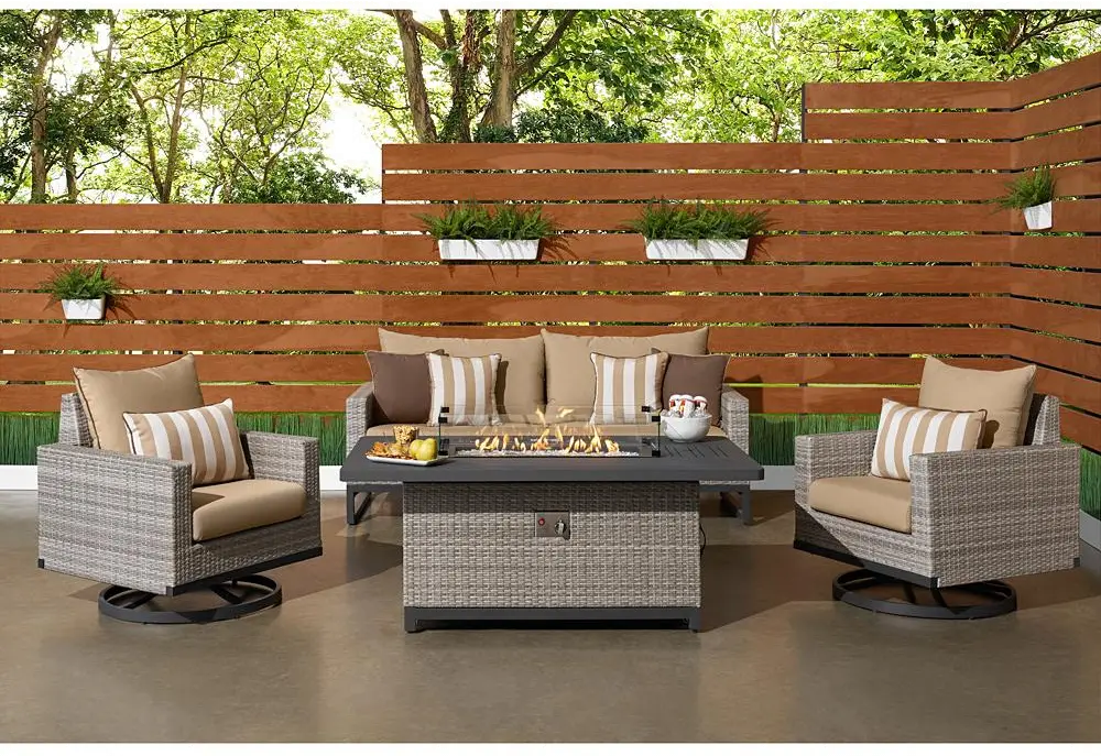 Milo Gray 4 Piece Outdoor Set with Tan Cushions and Fire Pit-1