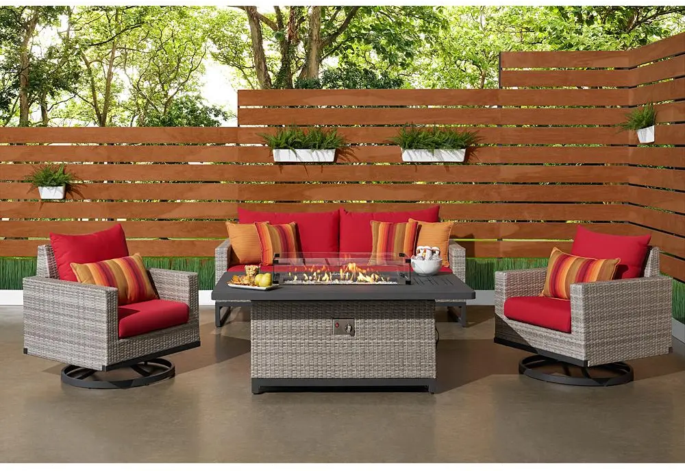 Milo Gray 4 Piece Outdoor Set with Red Cushions and Fire Pit-1