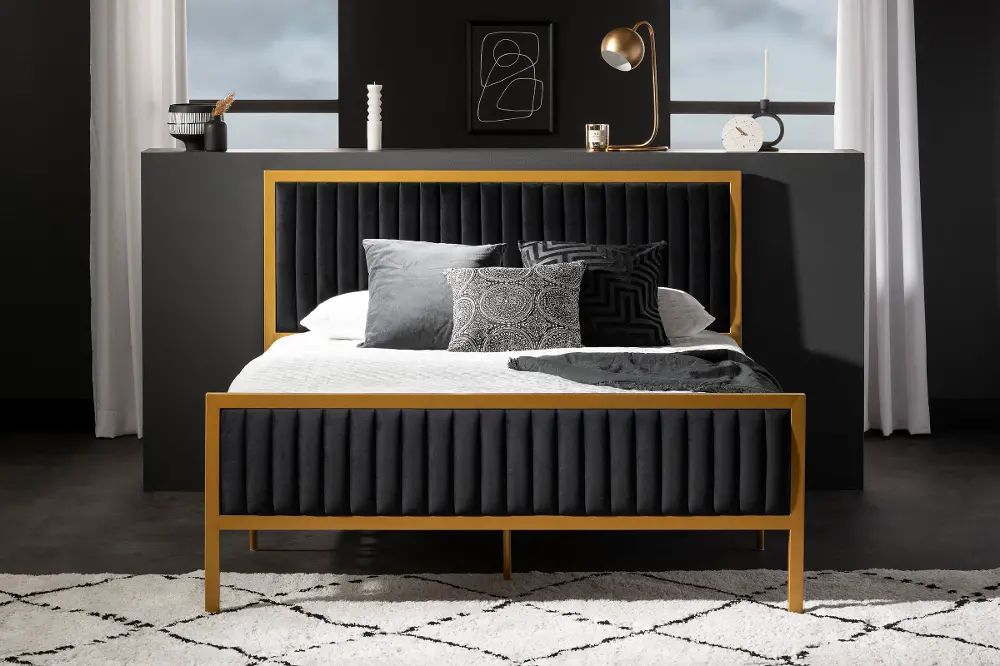13478 Maliza Queen Black and Gold Upholstered Metal Bed - South Shore-1