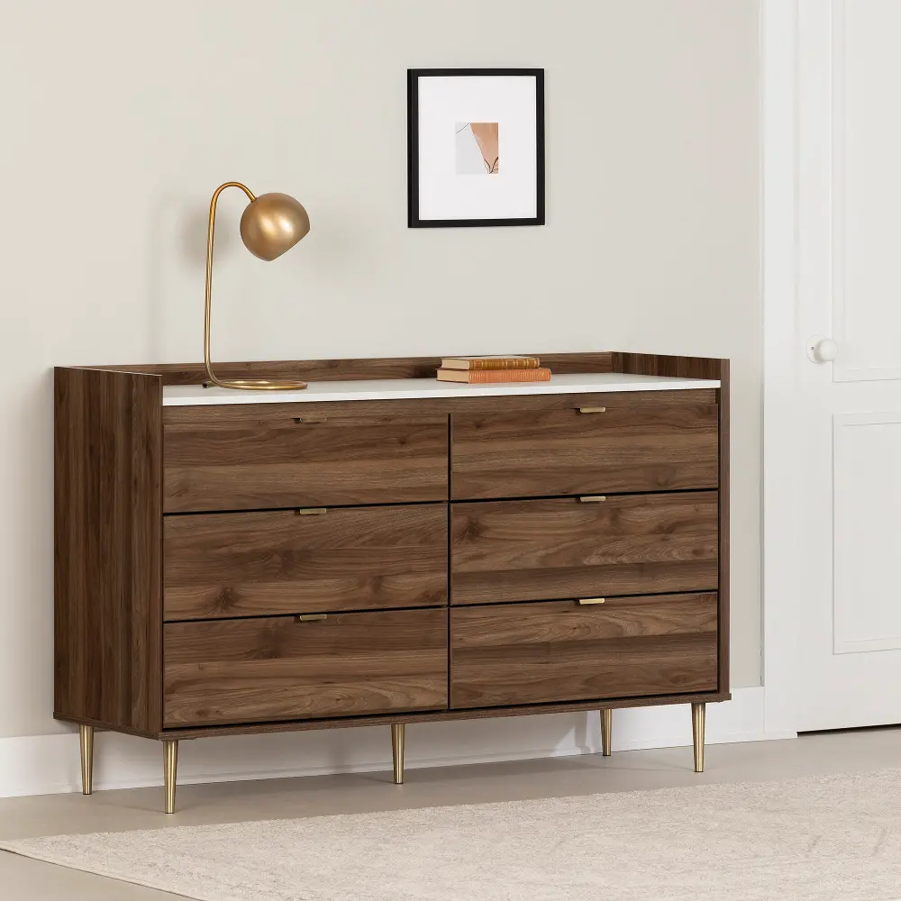 13527 Hype Walnut and Faux Carrara Marble 6-Drawer Dresser - South Shore-1