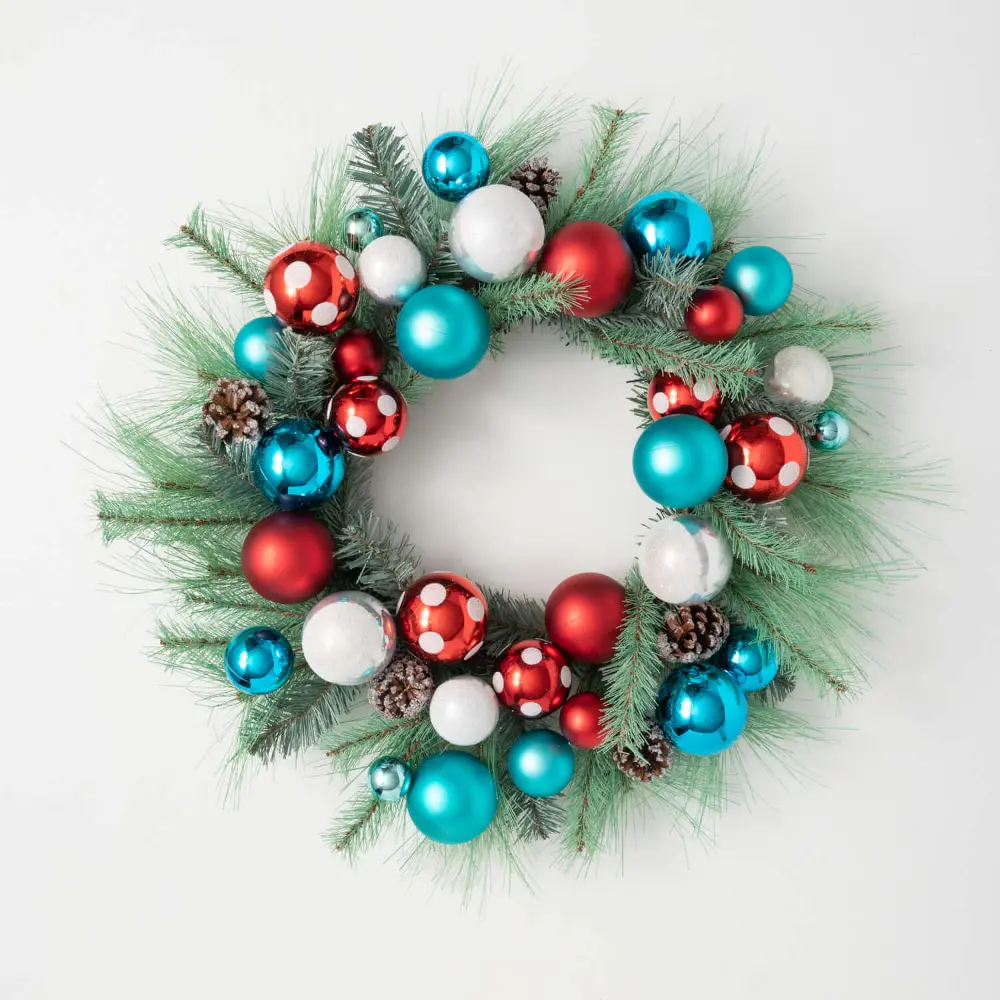 Red and Blue Pine and Ball Wreath-1