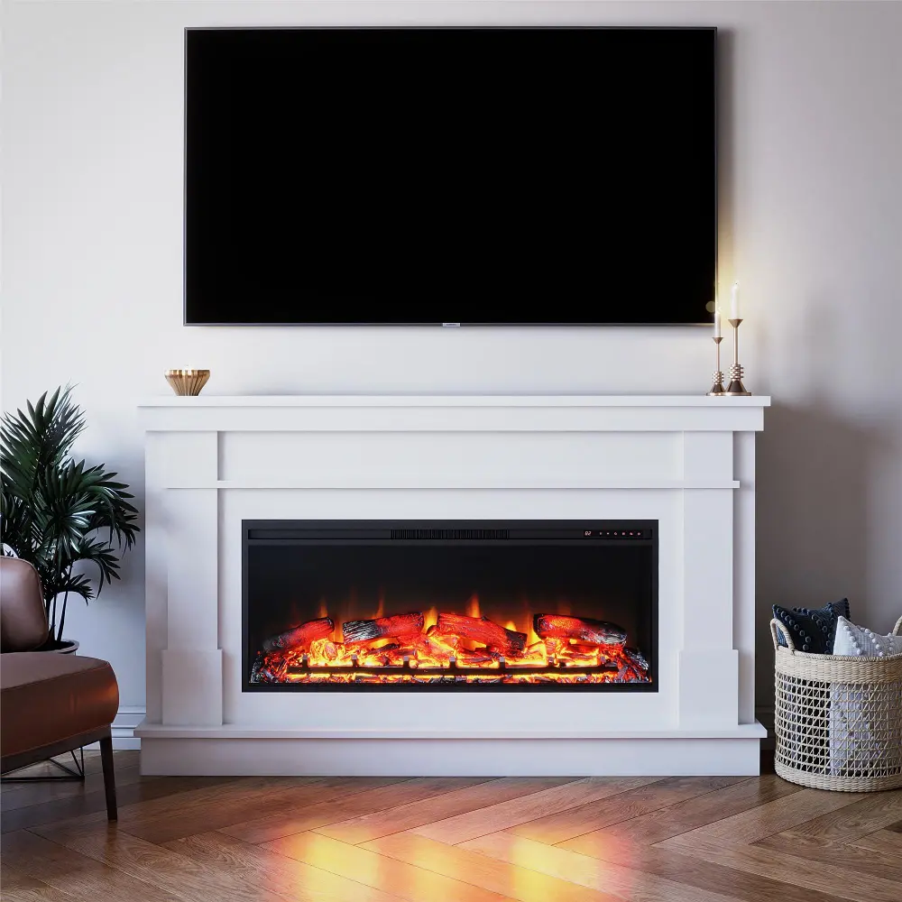 Elmcroft White Wide Mantel with Linear Electric Fireplace-1