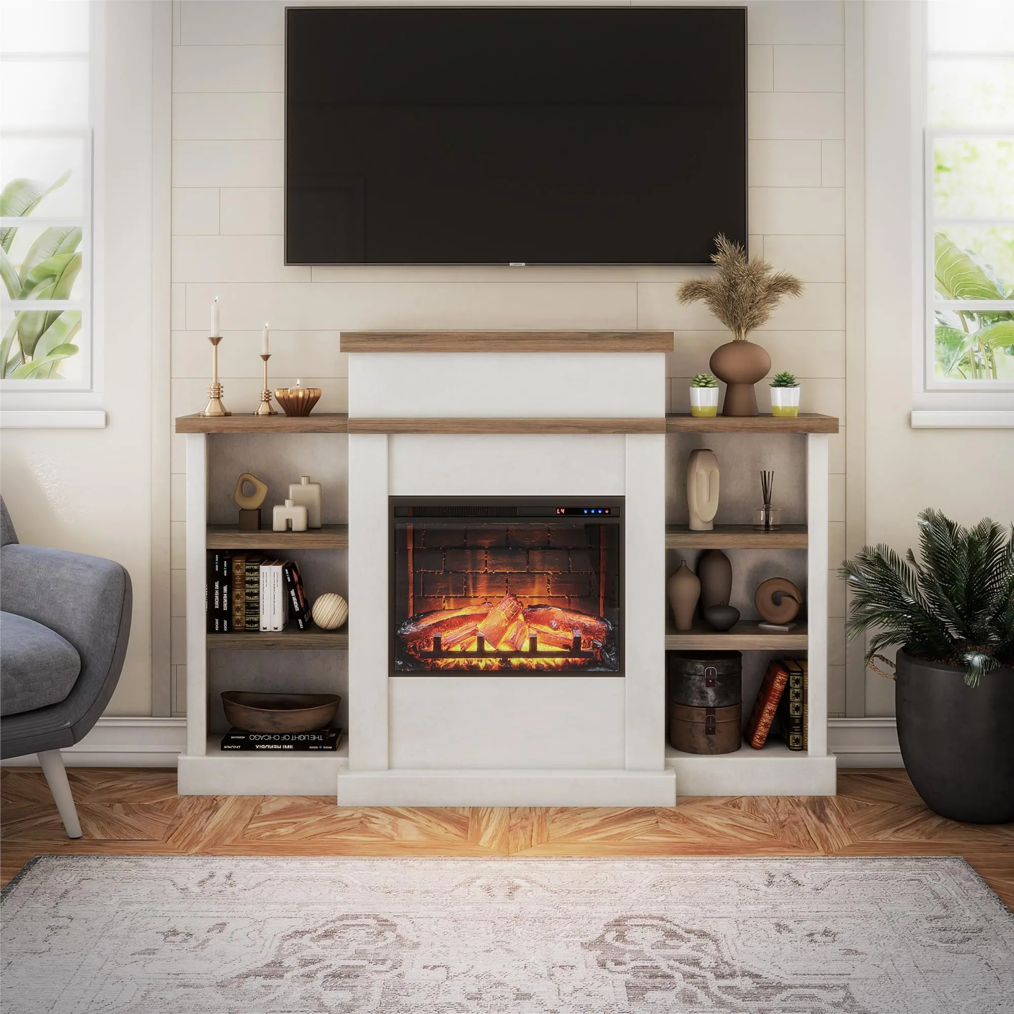 Gateswood White Electric Fireplace with Mantel and Bookcase