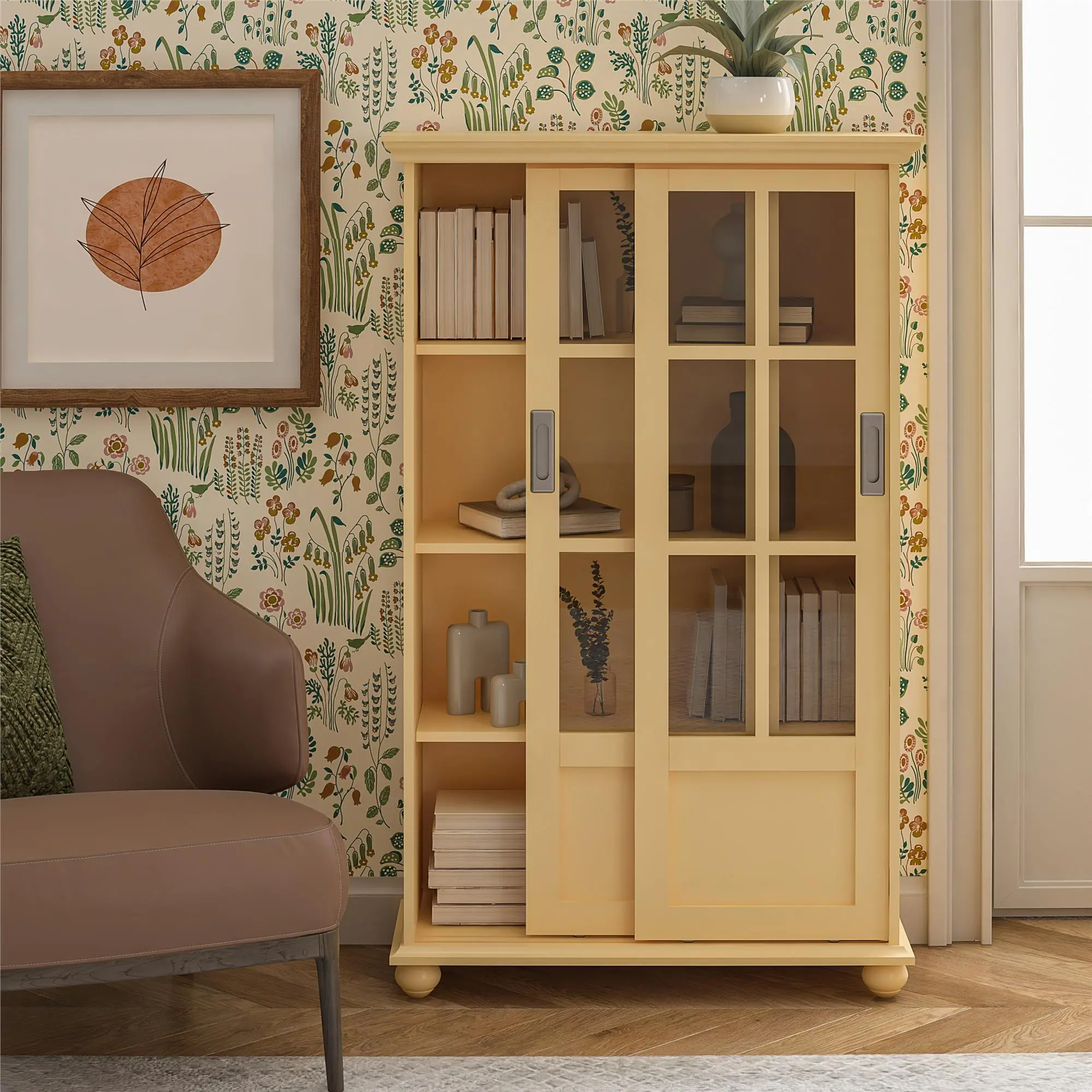 Aaron Lane Yellow Bookcase with Sliding Glass Doors