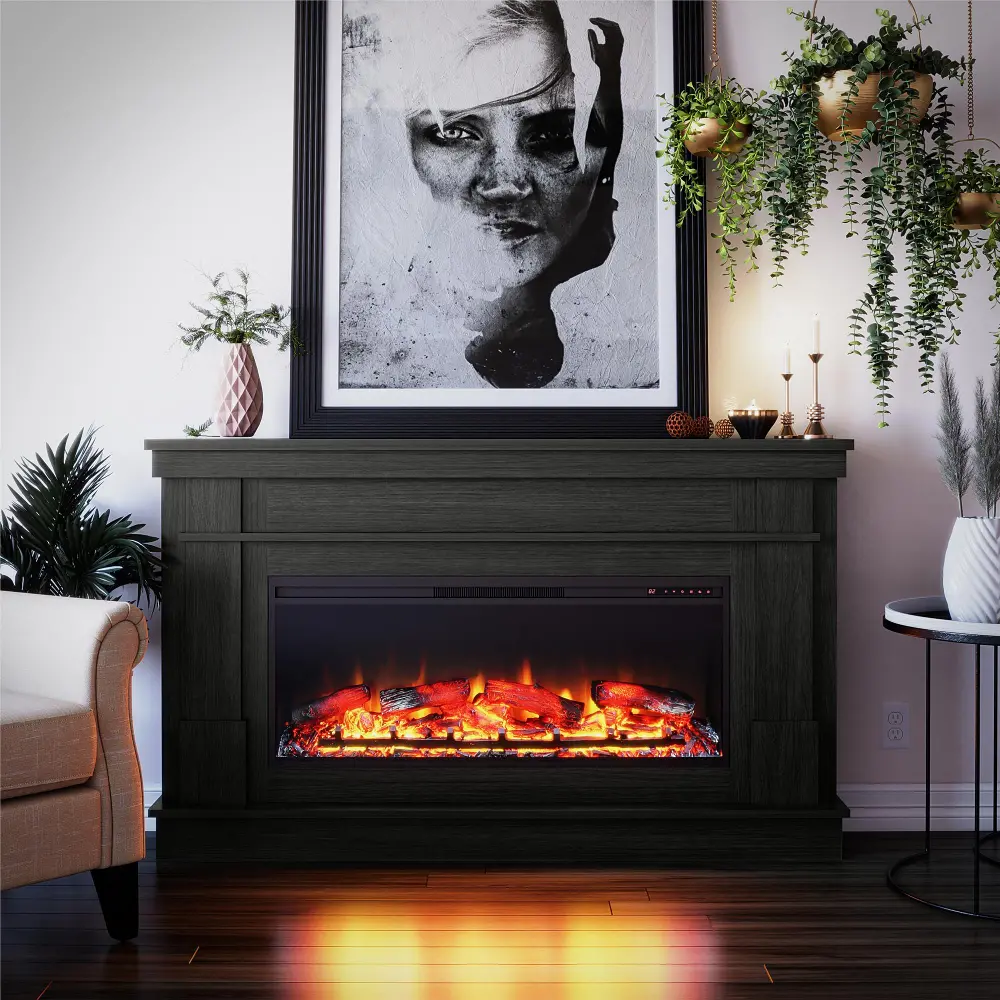 Elmcroft Black Wide Mantel with Linear Electric Fireplace-1