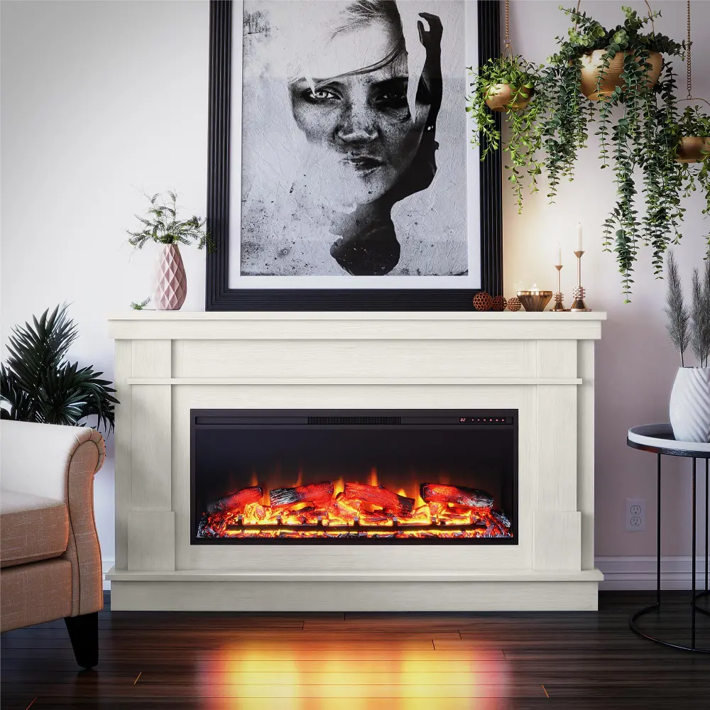 Elmcroft Ivory Wide Mantel with Linear Electric Fireplace-1