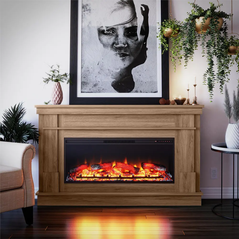 Elmcroft Brown Wide Mantel with Linear Electric Fireplace-1