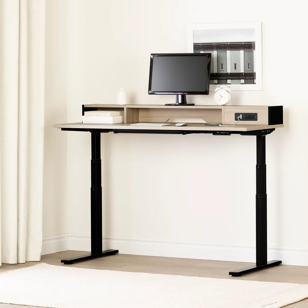 13340 Majyta Light Brown and Black Adjustable Height Standing Desk with Built In Power Bar - South Shore-1