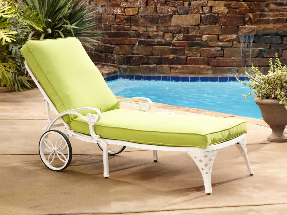 6652-83C Sanibel White Outdoor Chaise Lounge with Green Cushions-1