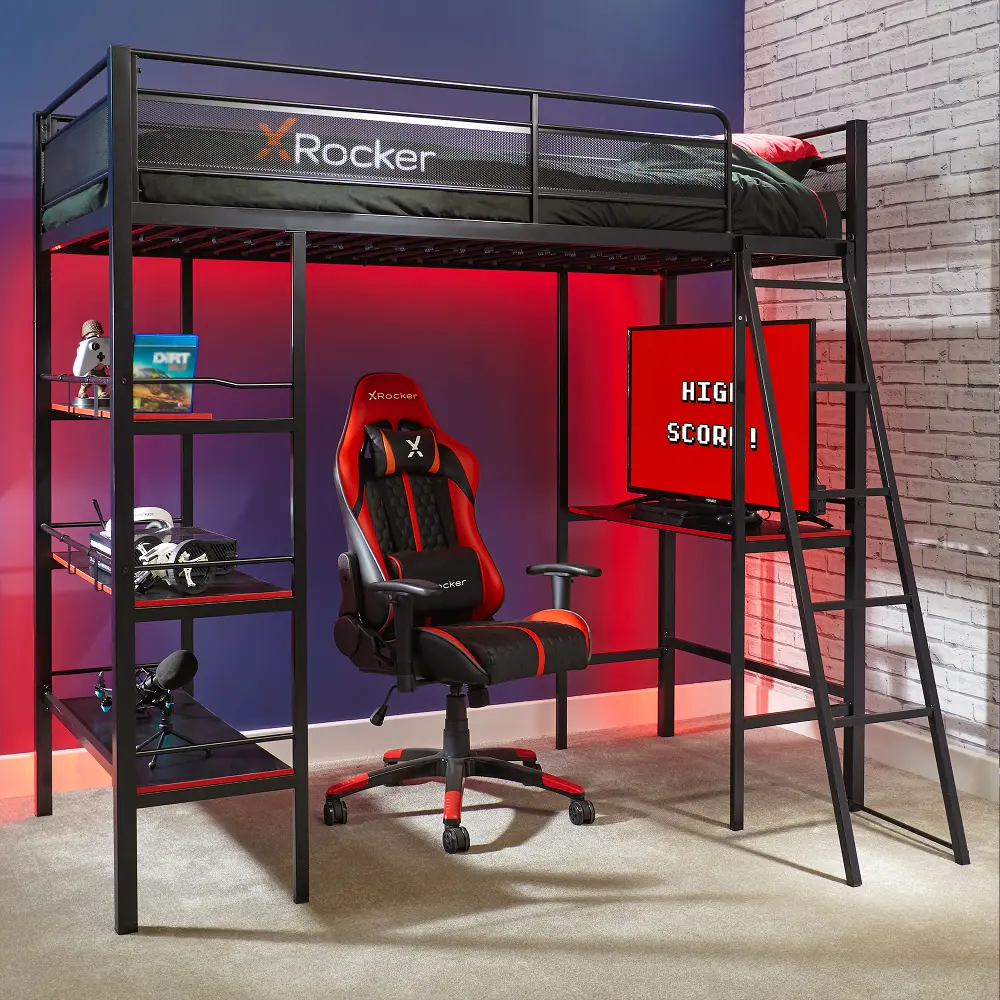 Fortress Black and Red Gaming Loft Bunk with Desk-1