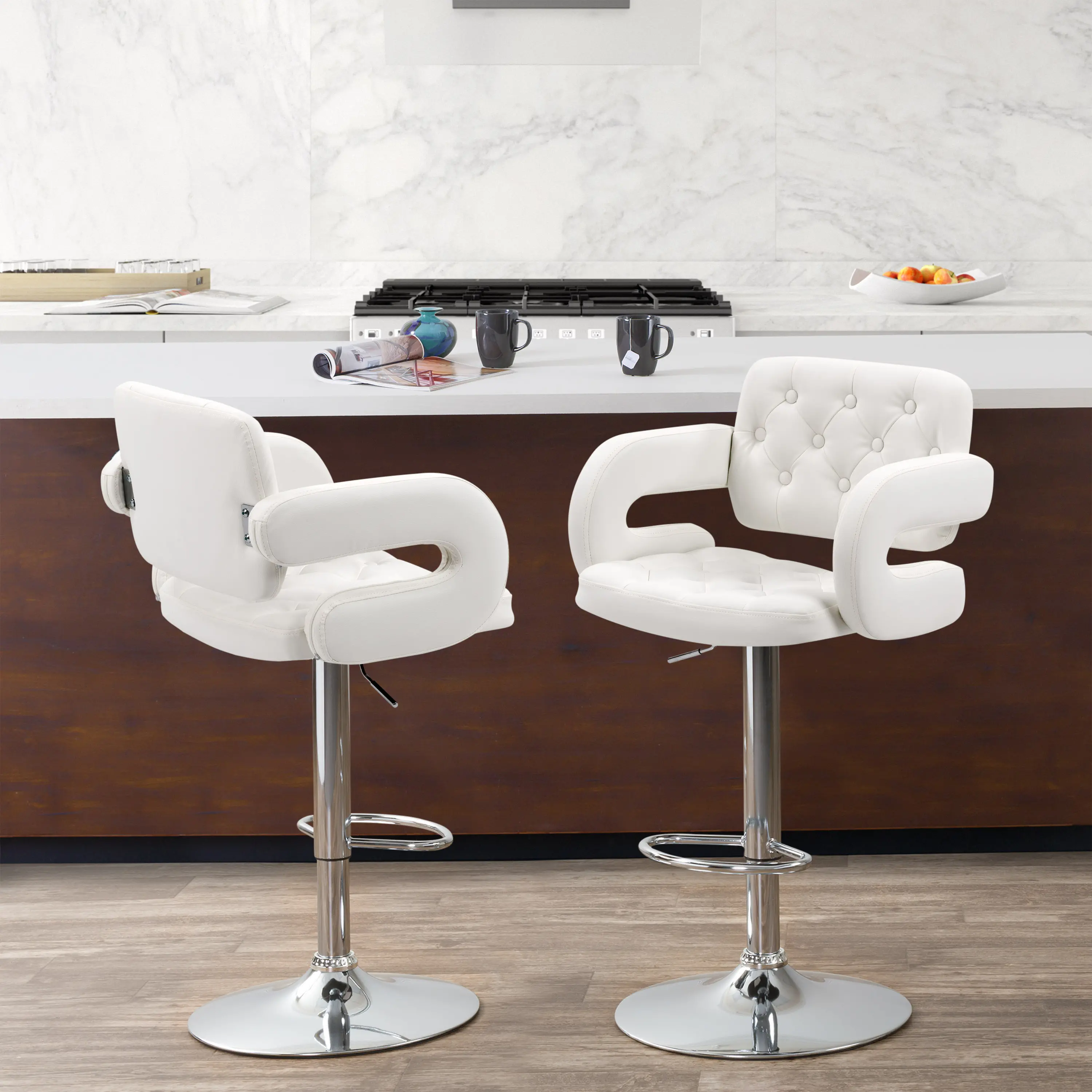 White Adjustable Counter Height Barstool with Armrests, Set of 2