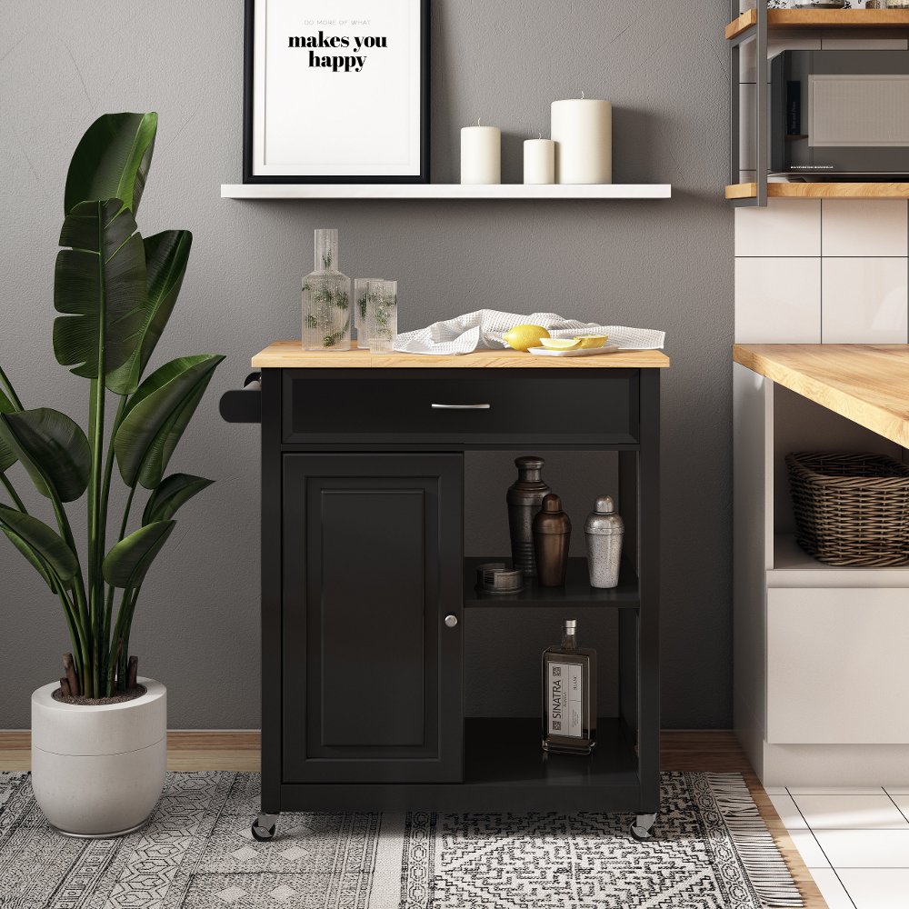 Sage Black Wood Kitchen Cart With Cupboard