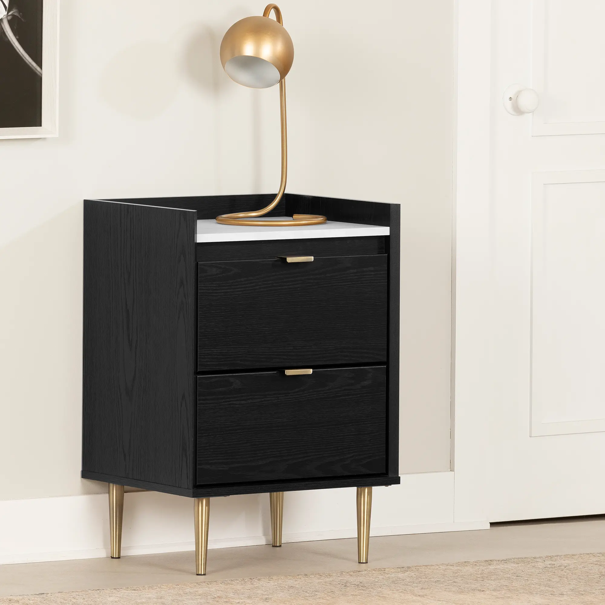 Hype Black and Faux Carrara Marble 2-Drawer Nightstand - South Shore