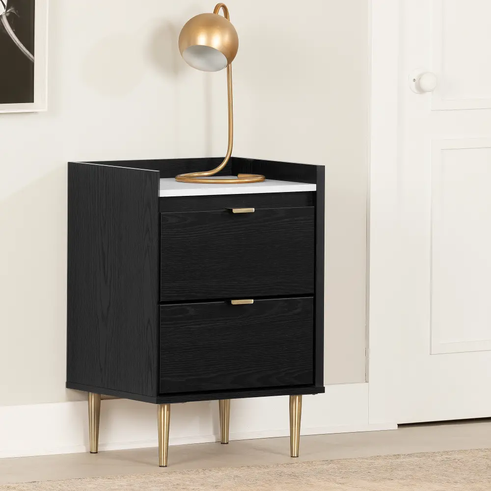 13536 Hype Black and Faux Carrara Marble 2-Drawer Nightstand - South Shore-1