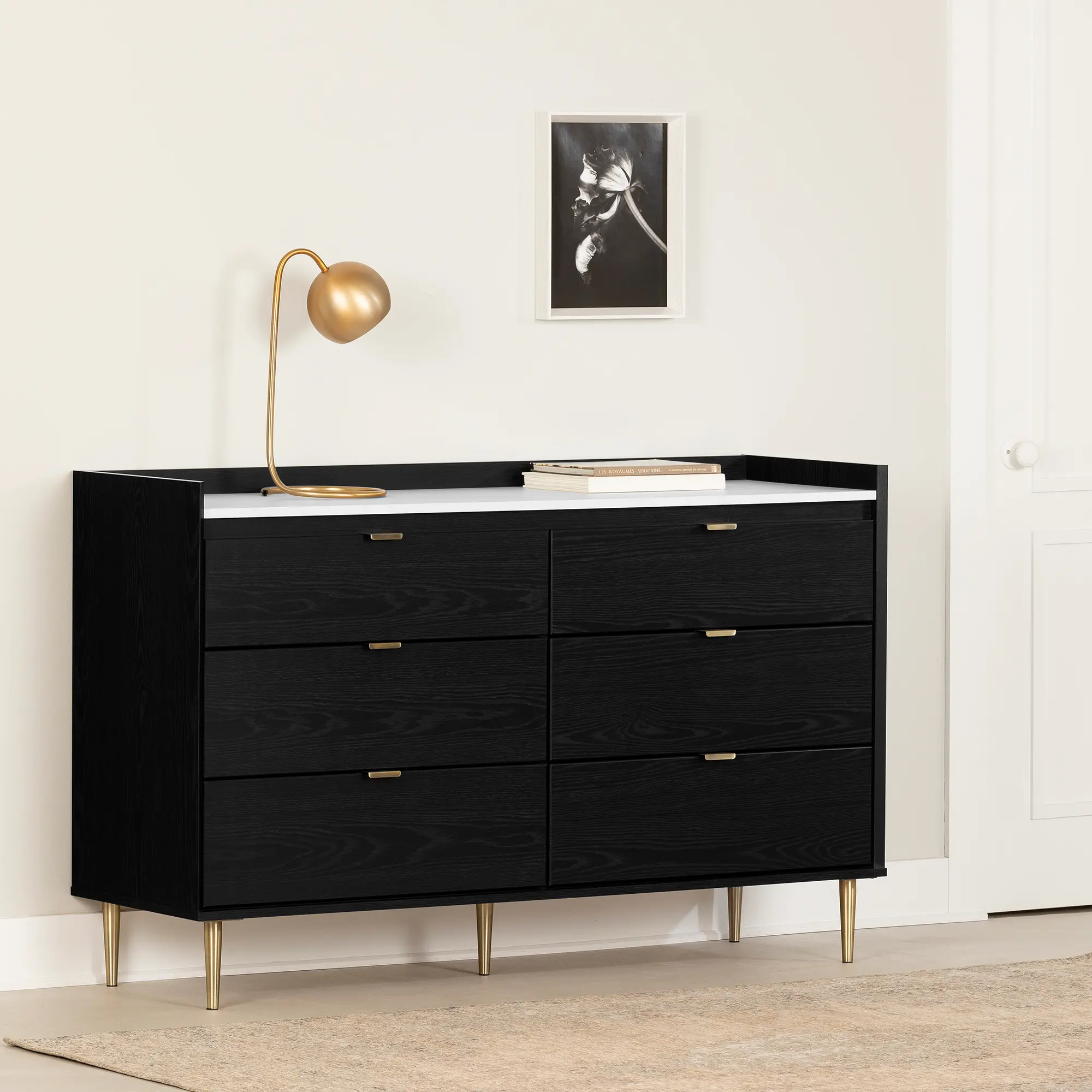 Photos - Wall Mirror South Shore Hype Black and Carrara Marble 6-Drawer Double Dresser - South