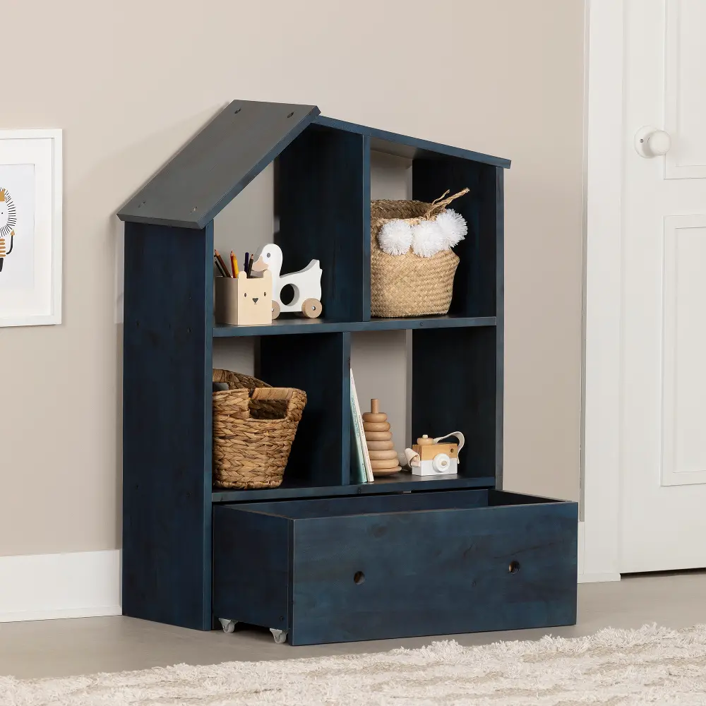 13902 Sweedi Dark Blue Bookcase with Storage Bin - South Shore-1