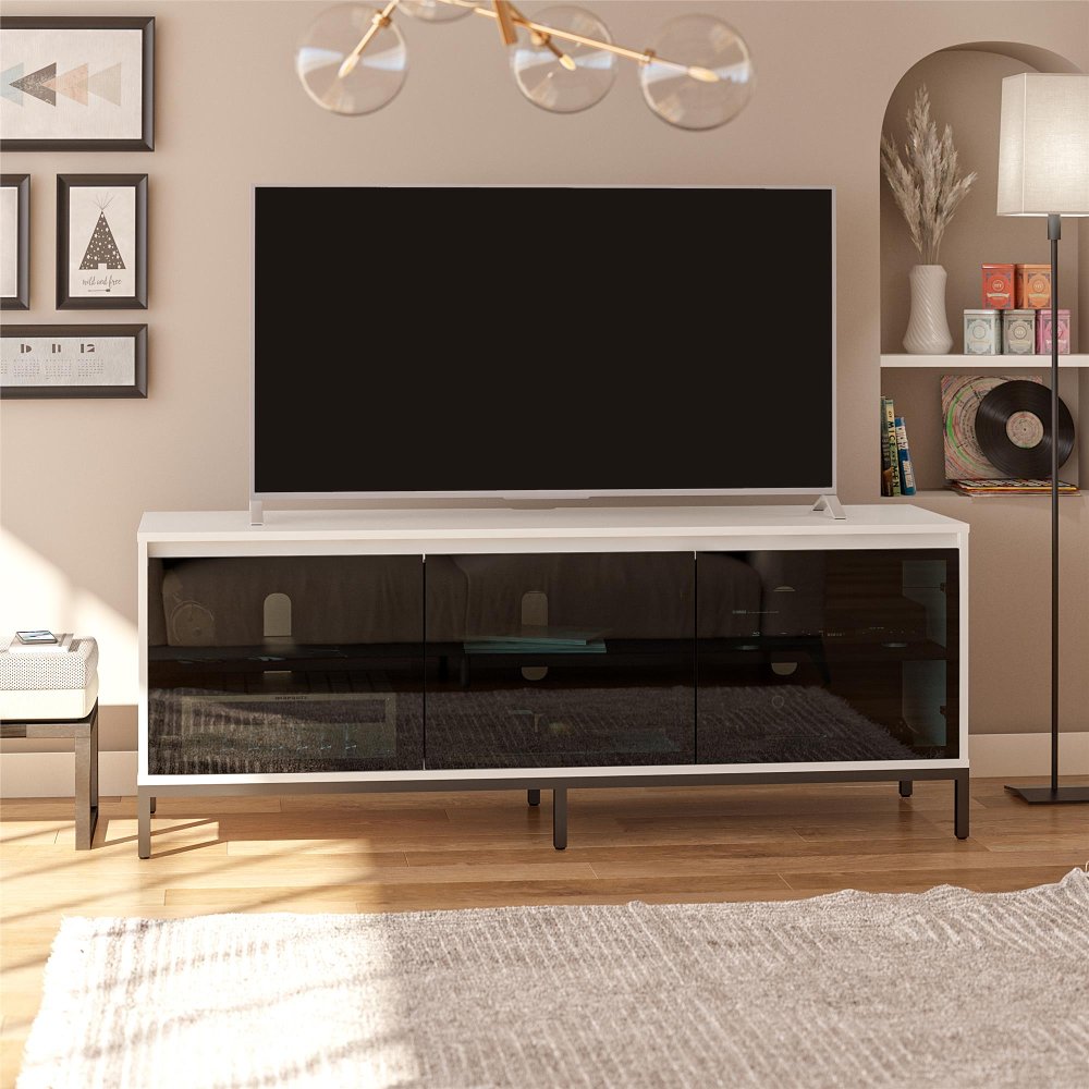 Alphason Studio White 68 Media Console with Steel Post Base