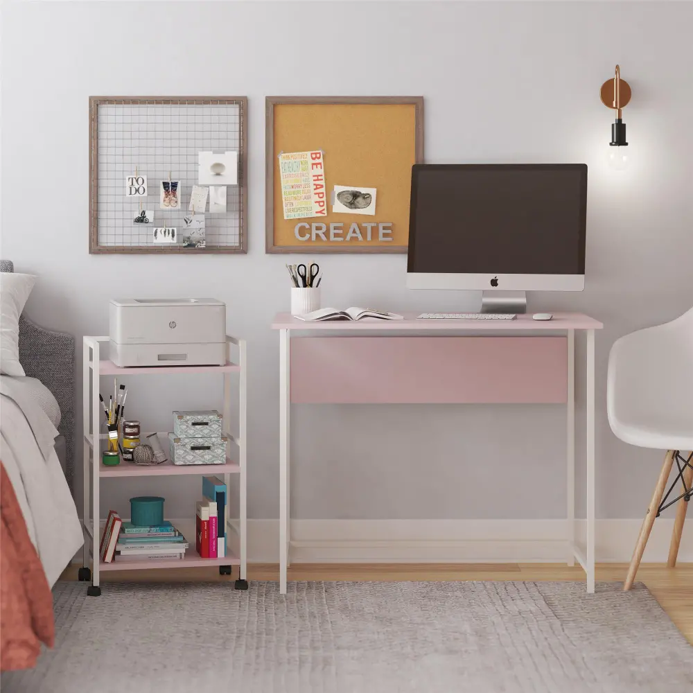 Baylor Pink and White Desk with Rolling Cart-1