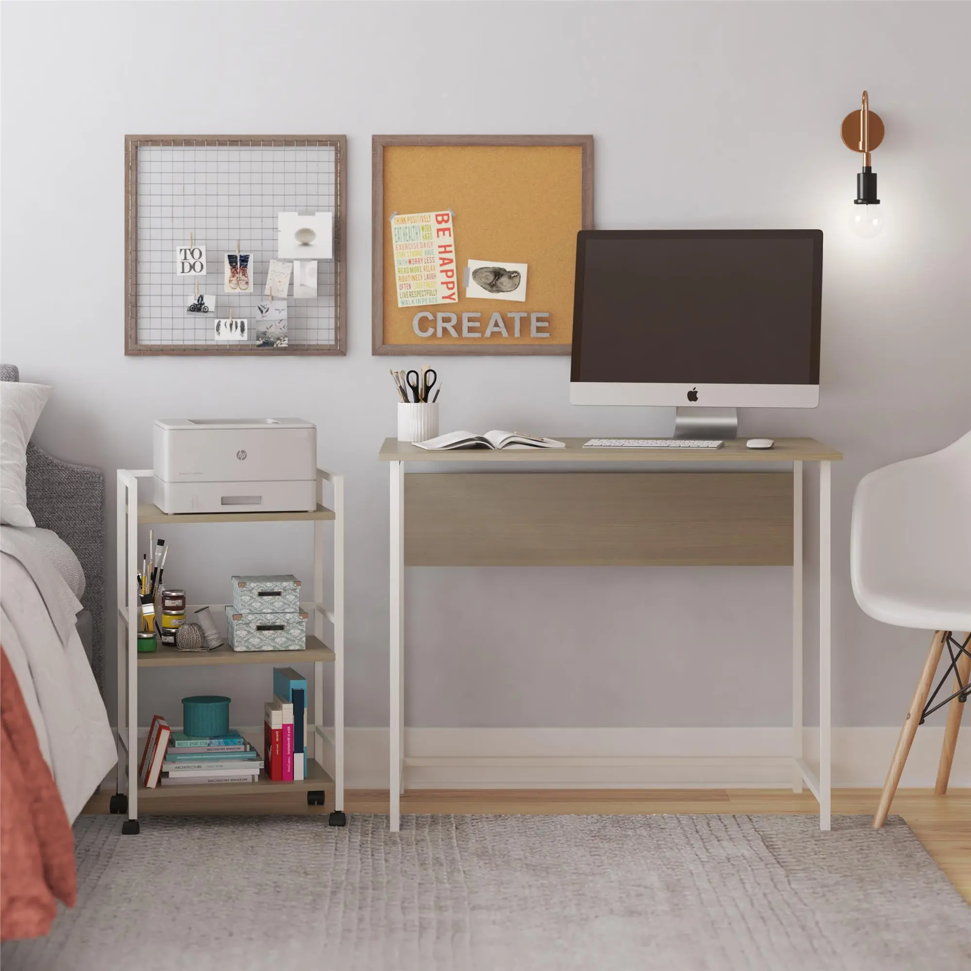 Baylor Pale Oak and White Desk with Rolling Cart