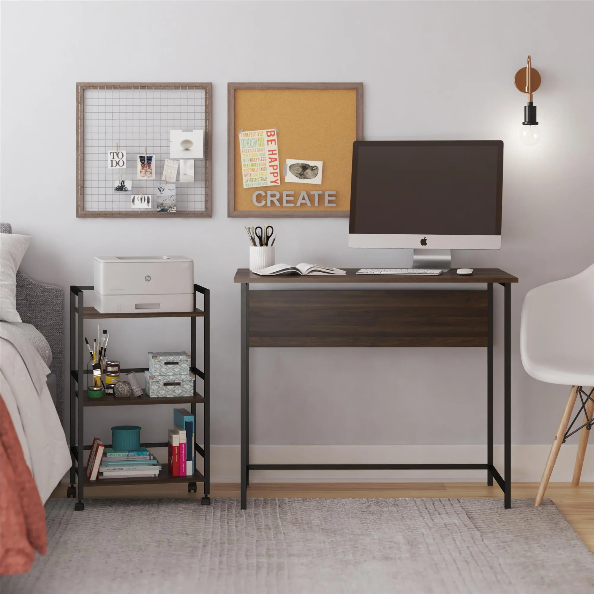 Baylor Walnut and Black Desk with Rolling Cart