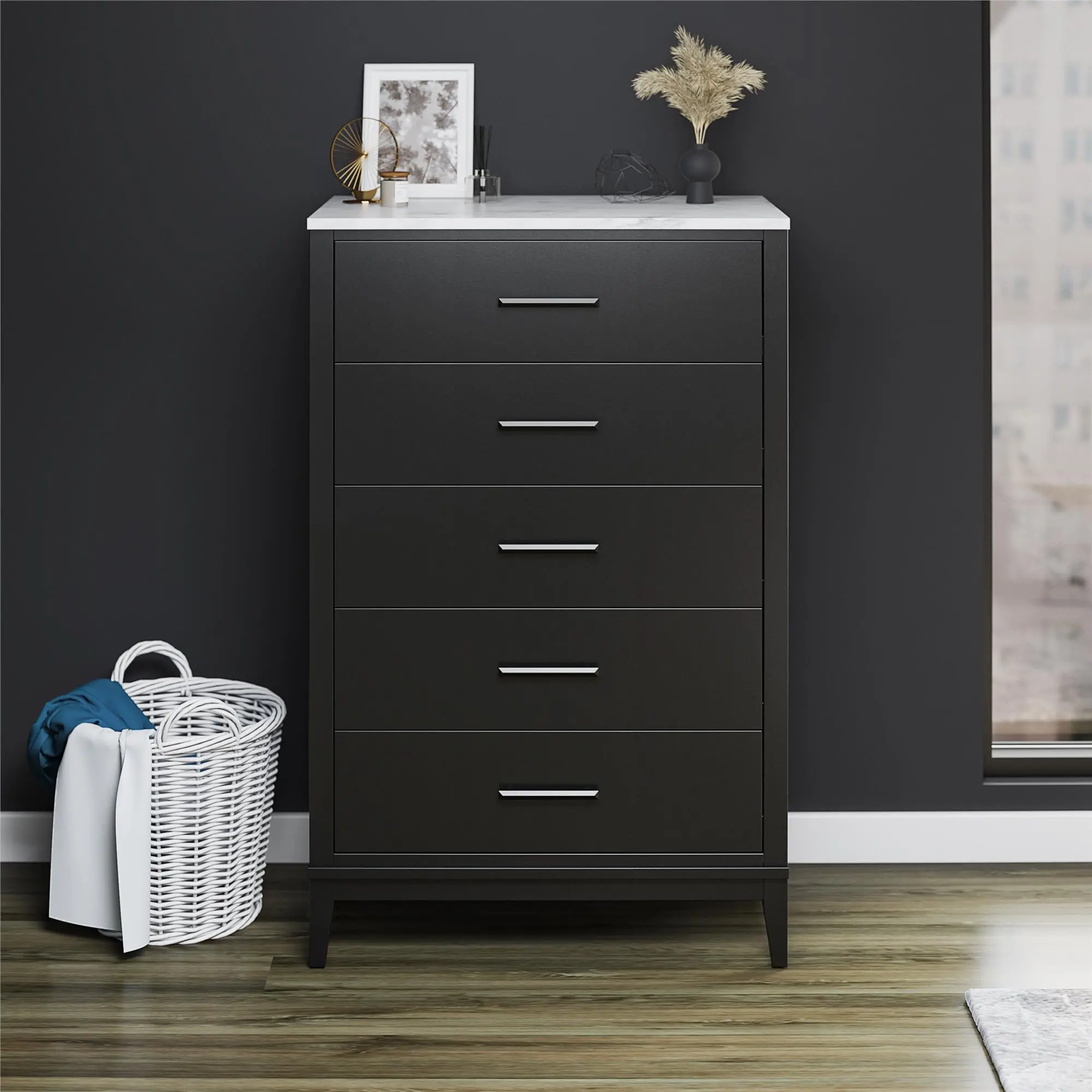 Lynnhaven Black 5 Drawer Dresser with White Marble Top