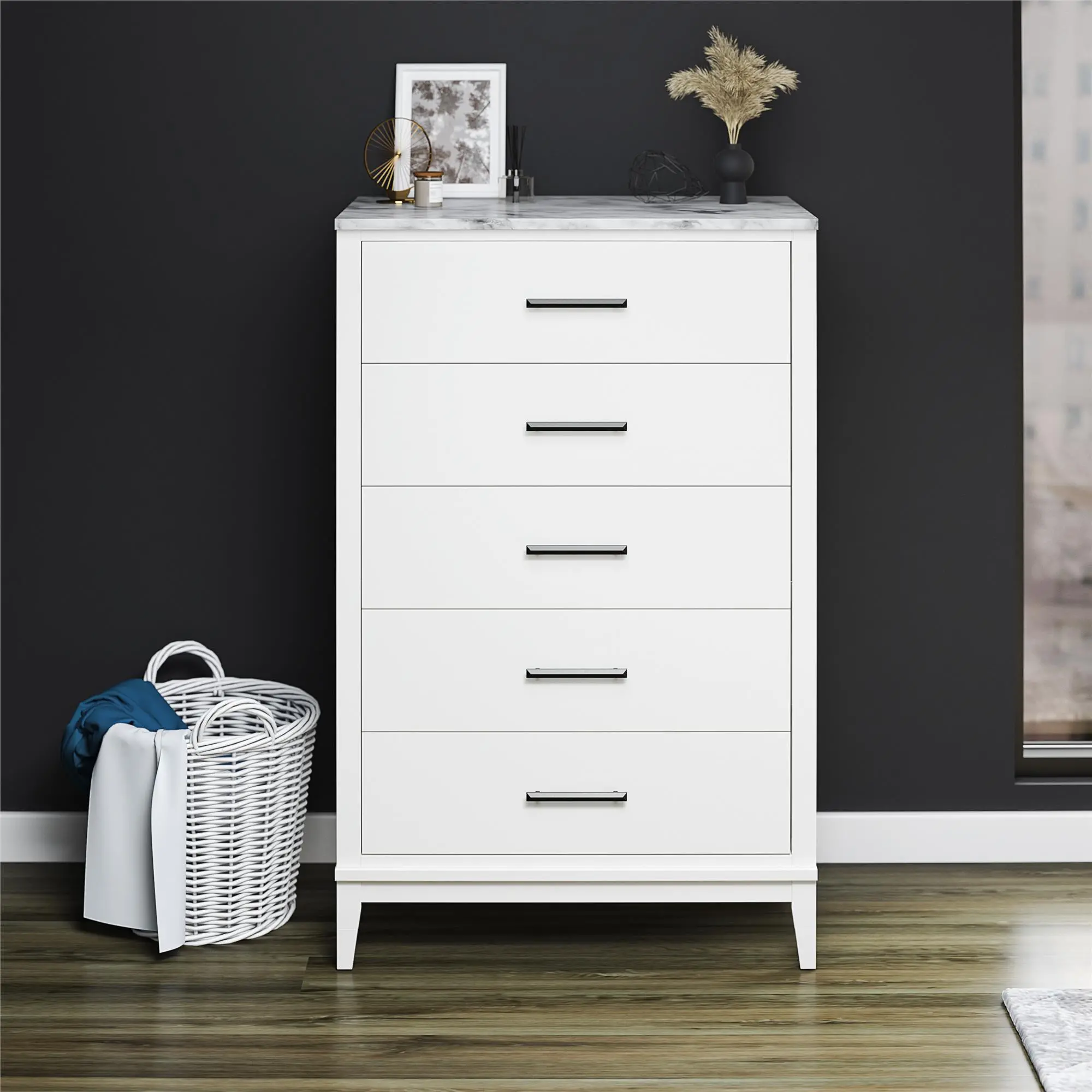 Lynnhaven White 5 Drawer Dresser with White Marble Top