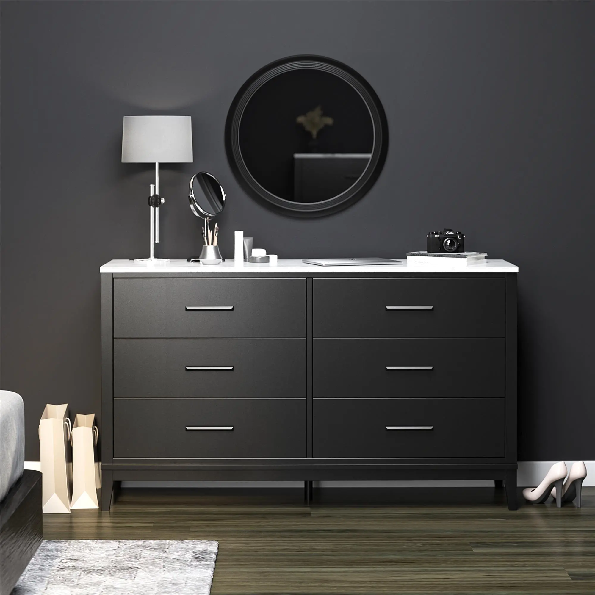 Lynnhaven Black 6 Drawer Dresser with White Marble Top